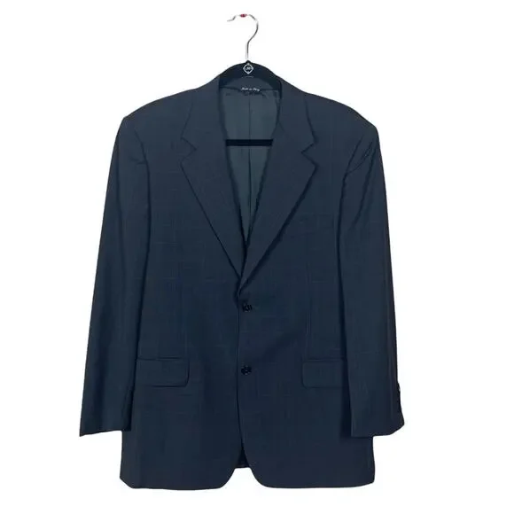 Barneys New York Grid Print Wool Notch Collar 2 Button Blazer Gray Blue 40 S